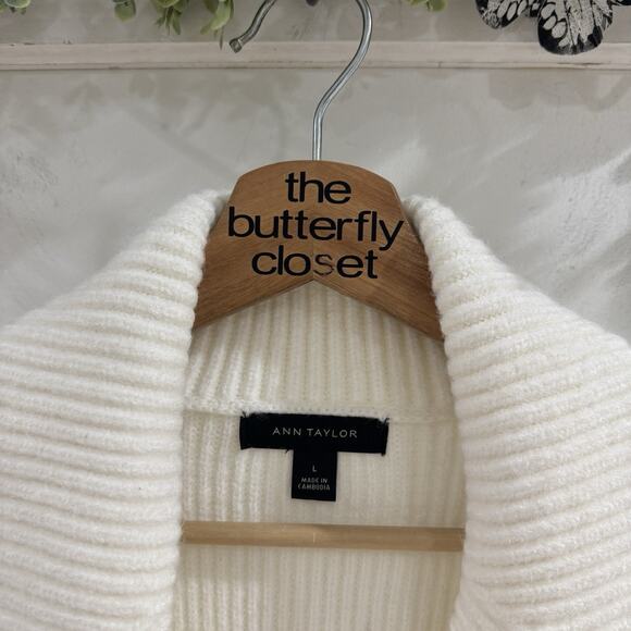 Ann Taylor Cream Ribbed Double Breasted Pea Sweater Coat Large KD - Picture 3 of 4